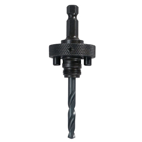 Hole saw arbor with 3/8 in shank; black metal, knurled collar, threaded end.