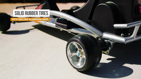 Close-up of molded aluminum wheels on Electric GoKart For Kids 8 And Up With 12 MPH Top Speed Up To 40 Minutes Of Ride Time 24V Rechargeable Battery Variable Speed Throttle Durable Steel Frame And Aluminum Wheels.