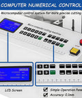 Detailed LCD screen and control panel of Automatic Microcomputer Heat Shrink Tube Cutter Machine offering 0.1 mm precision.