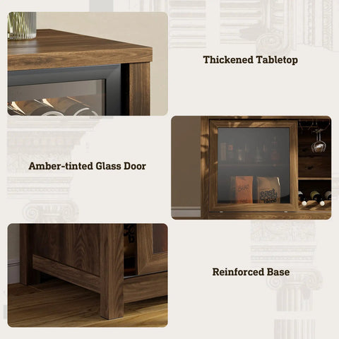 Next Level Extra Large Coffee Bar Cabinet With Fridge Space And Built In Power Outlet thickened walnut tabletop, amber-tinted glass door, and reinforced base details.