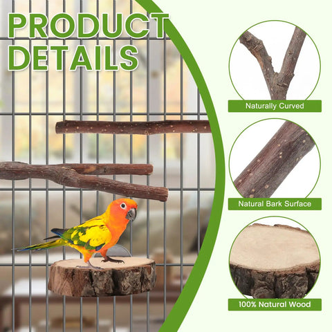 Top Notch Nine Piece Apple Wood Bird Perch Bundle With Heavy Duty Rope Ladder And Raw Bark Platform For Parrot Cage Must Haves, showcasing a parrot on a natural wood platform and curved branches.