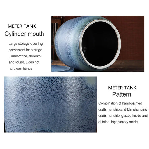 Top Shelf Chinese Style Ceramic Rice Jar With Tight Lid Kitchen Pantry Caddy For Grains Snacks Candy Coffee Beans Tea Gradient Blue Glaze, cylindrical mouth.