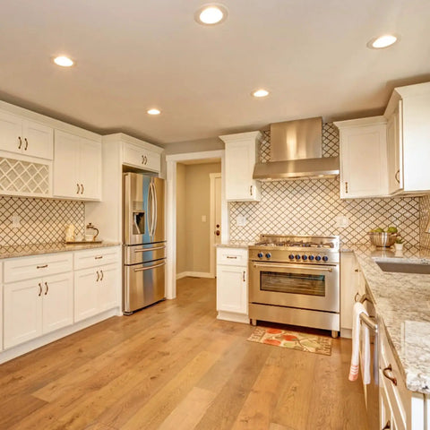 Modern kitchen with Six Inch Classic White Recessed Light Trim With Detachable Ring, Full Metal Step Baffle, Pack Of Six Premium Trims.