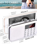 Size comparison of Tiny But Mighty Ultra Compact AM FM Pocket Radio with an iPhone 7 showing portability