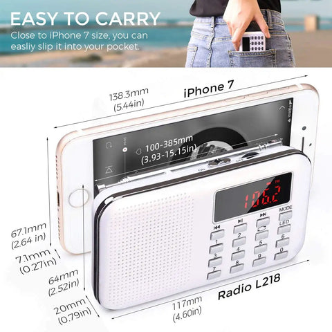 Size comparison of Tiny But Mighty Ultra Compact AM FM Pocket Radio with an iPhone 7 showing portability