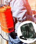 Orange Go To Spreader Backpack Sprayer For Crops Fruit Trees Corn And Garden Plants, heavy duty Oxford material, man using it in field.