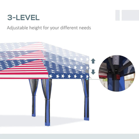 10 By 20 Pop Up Canopy Tent With Netting Heavy Duty Party Shelter showing adjustable height feature and American flag design