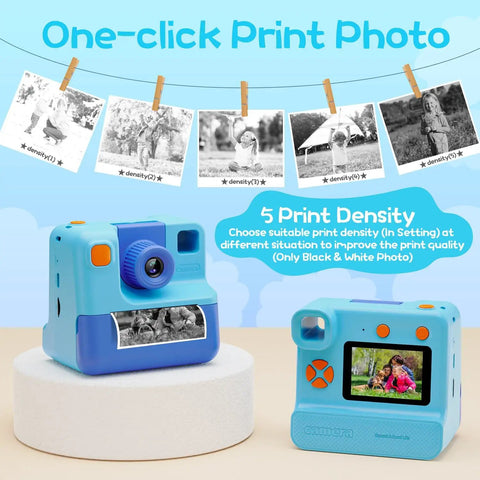 Kids Instant Print Camera For Totally Fun Photos Gift For Boys And Girls Ages 3 To 12 FHD Selfie Video Camera Includes 3 Print Paper Rolls And 32GB Card Blue Lanyard USB C Cable Easy To Use And Kid Approved Creative Fun. blue instant print camera with LCD screen and printed photos