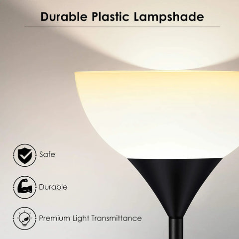 Tall Torchiere Floor Lamp With Adjustable Reading Light, black plastic lampshade close-up highlighting durability and safety