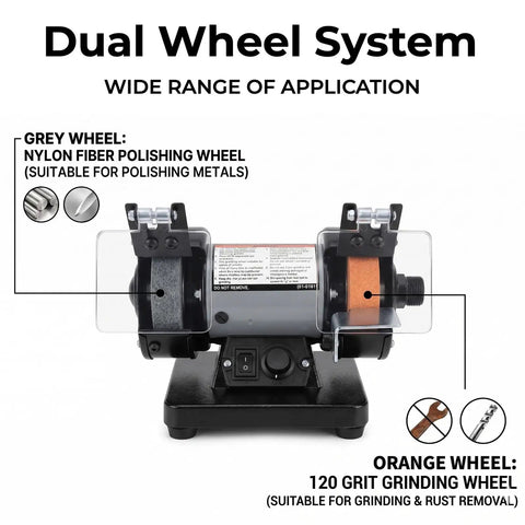 Mini Bench Grinder And Polisher With Variable Speed, dual wheel system for polishing and buffing, flexible shaft attachment