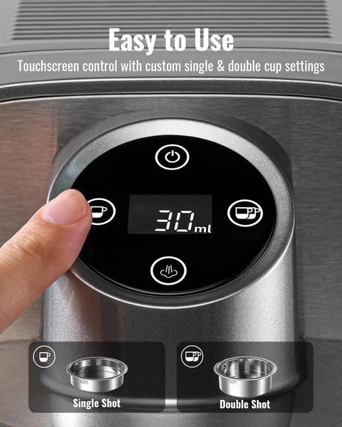 Level Up Your Daily Grind With This Solid 20 Bar Semi Auto Espresso Machine touchscreen showing single and double shot settings.