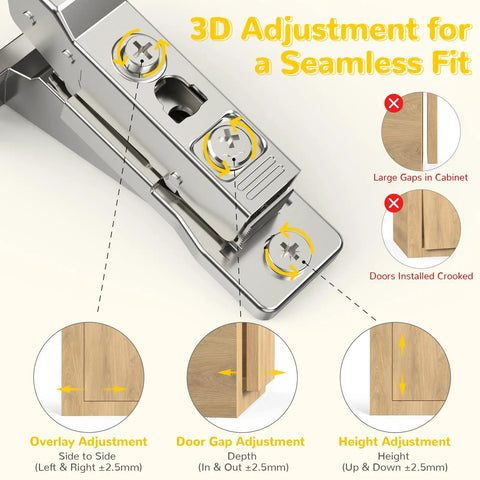 Premium 4 Pack Soft Close Cabinet Hinges For Face Frame Inset Doors showing 3D adjustment features for precise installation.