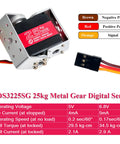 Built Tough Heavy Duty Digital Servo Motor With Solid Full Metal Gears And Killer Twenty Five Kilogram Torque, showcasing metal gearbox and connection wires.