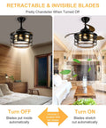 36 Inch Farmhouse Ceiling Fan With Lights, Dope Retractable Cage Blades, shown in both off and on states with blades retracting and extending.