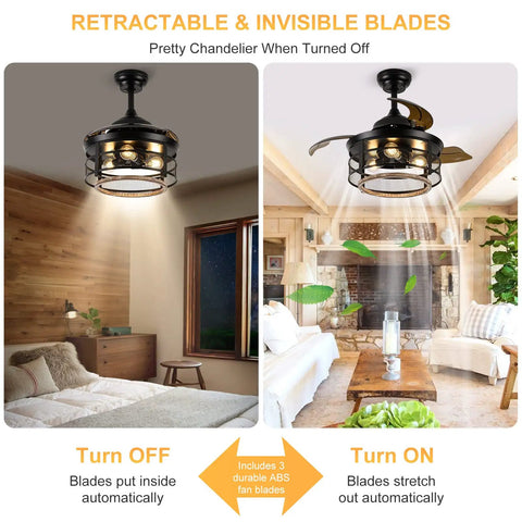 36 Inch Farmhouse Ceiling Fan With Lights, Dope Retractable Cage Blades, shown in both off and on states with blades retracting and extending.