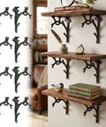 Badass Cast Iron L Brackets For Heavy Duty Shelf Storage With Straight Up Vintage Vibes Featuring Rustic Branch Shape And Damn Good Support In Classic Black on rustic wooden shelves.