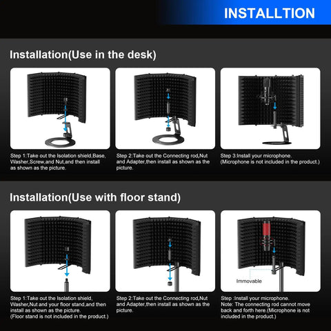 Foldable Microphone Isolation Shield With Triple Sound Insulation For Clear Vocals setup instructions on desk and floor stand.