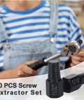 Person using ratchet with Ten Piece Hex Bolt Extractor Kit For Stripped Screws And Damaged Fasteners Easy Out Set For Home Or Shop Handy