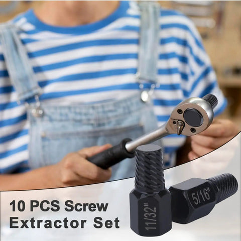 Person using ratchet with Ten Piece Hex Bolt Extractor Kit For Stripped Screws And Damaged Fasteners Easy Out Set For Home Or Shop Handy
