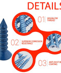 Heavy Duty Quarter Inch By One And Quarter Inch Blue Flat Head Concrete Screw Anchor Set For Cement Stucco Block And Brick Masonry Walls Forty Five Pieces Rust Resistant Carbon Steel Fasteners For Secure Anchoring details with thread and coating features