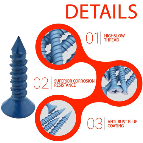 Heavy Duty Quarter Inch By One And Quarter Inch Blue Flat Head Concrete Screw Anchor Set For Cement Stucco Block And Brick Masonry Walls Forty Five Pieces Rust Resistant Carbon Steel Fasteners For Secure Anchoring details with thread and coating features