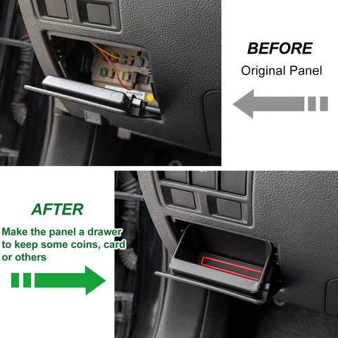 Before and after installation of Discreet Fuse Box Coin Tray For Subarus Exact Fit Stash Cash And Cards In Your Fuse Box With No Slip Red Liner Fits Outback Legacy Forester XV Crosstrek Impreza WRX STI Ascent.