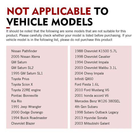 Image listing vehicle models not suitable for Bolt Right In Idle Air Control Valve, includes various brands and years.