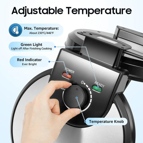 Adjustable temperature control knob on 1200W Electric Roti Maker Automatically Presses Chapati Naan And Tortillas Fast Flatbread Cooker.