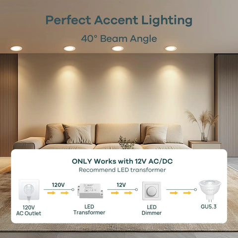 Image showing MR16 Dimmable LED Bulbs With GU5.3 Bi-Pin Base, 6.5W, 3000K Warm White, 40° beam angle spotlights in a living room.