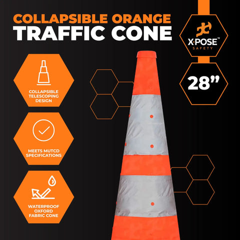 Collapsible 28 Inch Orange Traffic Cone Set For Parking Lot Roadside Emergency Construction Work Zones And Vehicle Safety Reflective Cone Pack Of 3 shown with specifications.