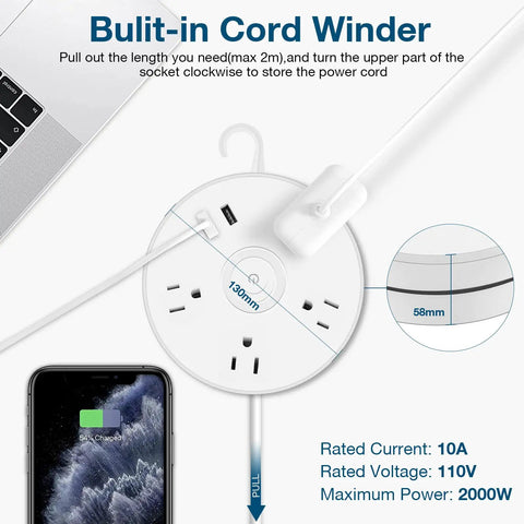 Retractable Power Strip With A 5 Ft Cord, Surge Protector Featuring 4 Outlets And 2 USB Ports, 2000 Joules USB Wall Charger