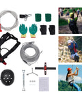 Backyard Zip Line Kit For Kids And Adults, 120 Foot Outdoor Zipline With Swing Seat, Spring Brake And Safety Harness, Heavy Duty Up To 330 Lbs, Ideal Family Gift For Christmas Or Birthday, shown with included safety gear and accessories.