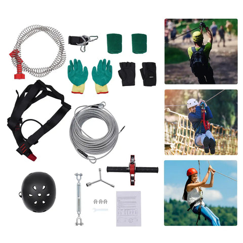 Backyard Zip Line Kit For Kids And Adults, 120 Foot Outdoor Zipline With Swing Seat, Spring Brake And Safety Harness, Heavy Duty Up To 330 Lbs, Ideal Family Gift For Christmas Or Birthday, shown with included safety gear and accessories.
