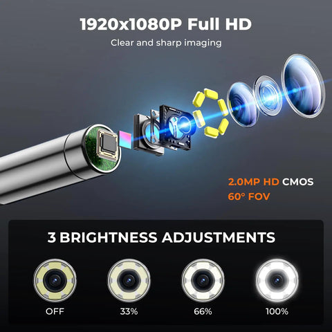Two Way Articulating Borescope With Light 0.24 Inch Endoscope Camera showing lens components and brightness settings