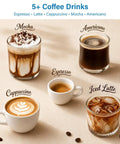 Various coffee drinks including mocha, espresso, cappuccino, iced latte, and americano in elegant glassware.
