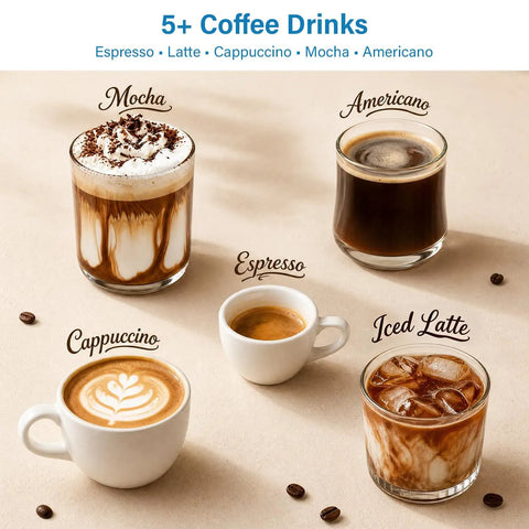 Various coffee drinks including mocha, espresso, cappuccino, iced latte, and americano in elegant glassware.