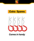 Four R clips with red rubber coated handles for Two Pack Five Eighth Inch By Four And One Half Inch Steel Hitch Pins.
