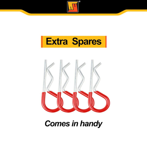 Four R clips with red rubber coated handles for Two Pack Five Eighth Inch By Four And One Half Inch Steel Hitch Pins.