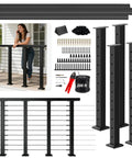 Black Cable Railing Post Kit With Handrail, Four Pack 36 Inch Level Posts, Two Hundred Six Feet Of One Tenth Inch Stainless Wire Rope