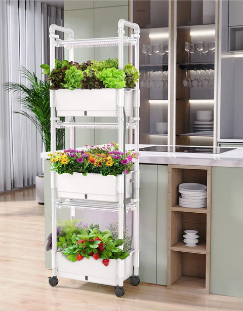 Indoor Hydroponic Garden Kit For Homegrown Herbs With 42 Pods, 3 Tier White Gloss Finish, LED Grow Lights in a kitchen setting