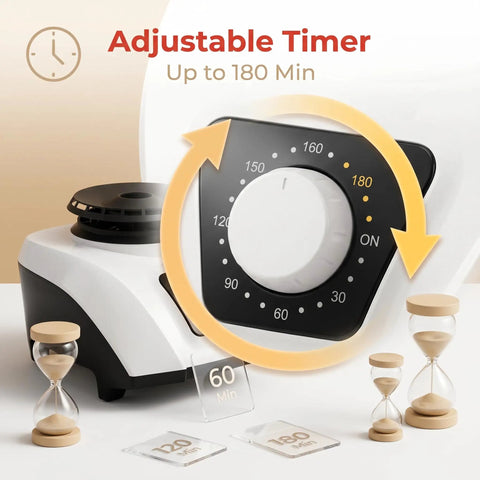 Close-up of On The Go 1200W Portable Clothes Dryer adjustable 180min timer with hourglasses