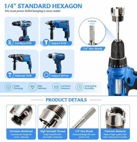 Image of the Dual Function 2 Pc Pvc Pipe Threading Kit With Electric Drill Adapter For Fast Internal External Threading Of One Half And Three Quarter Inch Plastic Pipes To Save Time On Home Improvement Plumbing Projects with drill and adapters.