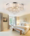 Flush Mount Ceiling Light Fixture With Crystal Chandelier 19.5 Inch Drum Modern Pendant K9 Crystals Fabric Shade bedroom