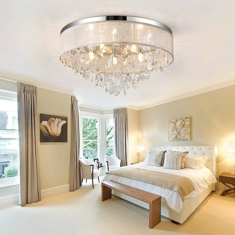 Flush Mount Ceiling Light Fixture With Crystal Chandelier 19.5 Inch Drum Modern Pendant K9 Crystals Fabric Shade bedroom