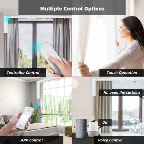 Electric Curtain Track With Retractable Motor For 7 To 17 Feet, Smart App Control And Manual Override, Auto Curtain Opener With Gentle Pull Activation, No Fuss Fit For I Rail And U Rail Systems, Ideal For Modern Smart Home Curtain Automation, multiple control options shown