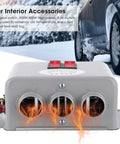 Kick The Winter Chill Fast With Compact 12V Car Heater 400W To 600W Dual Gear Switch triple air outlets, grey iron housing.