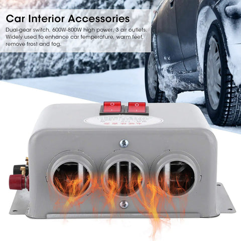 Kick The Winter Chill Fast With Compact 12V Car Heater 400W To 600W Dual Gear Switch triple air outlets, grey iron housing.