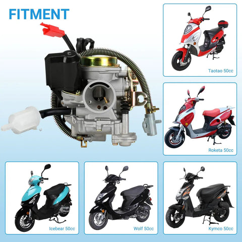 GY6 50cc Carburetor Kit PD18J for Taotao Roketa Jonway Lance scooters 139QMB 4 stroke engine with fuel line and hoses fitment chart