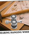Top Shelf Stainless Steel Sliding Door Wheels Replacement Kit Featuring Dual Bearing Pulleys For Effortless Barn Door And Greenhouse Slider Upgrades That Roll Like Butter on a workbench with tools.