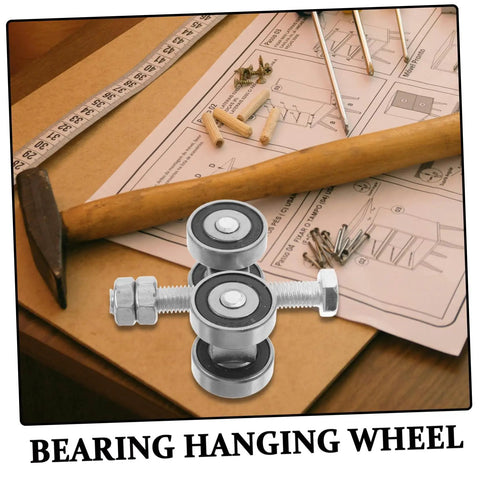Top Shelf Stainless Steel Sliding Door Wheels Replacement Kit Featuring Dual Bearing Pulleys For Effortless Barn Door And Greenhouse Slider Upgrades That Roll Like Butter on a workbench with tools.